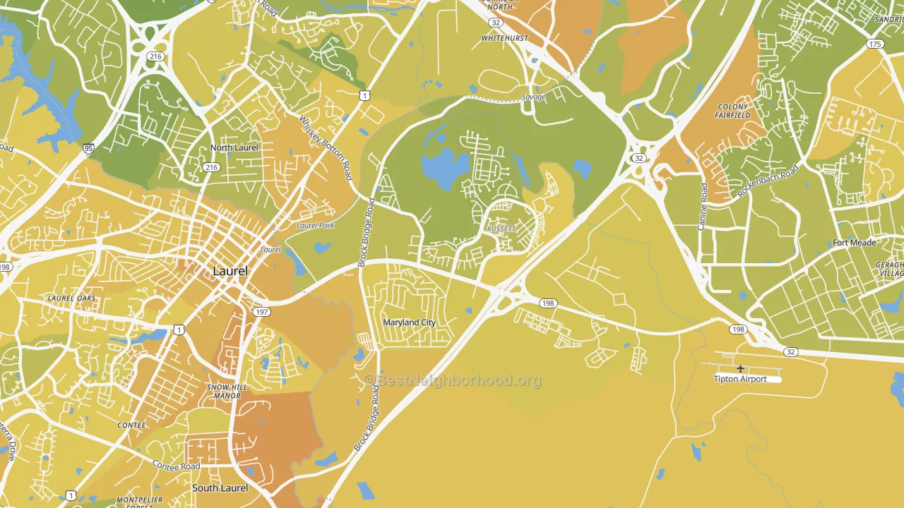 Map of the best neighborhoods in the 20724 area, with better matches in green and worse matches in red