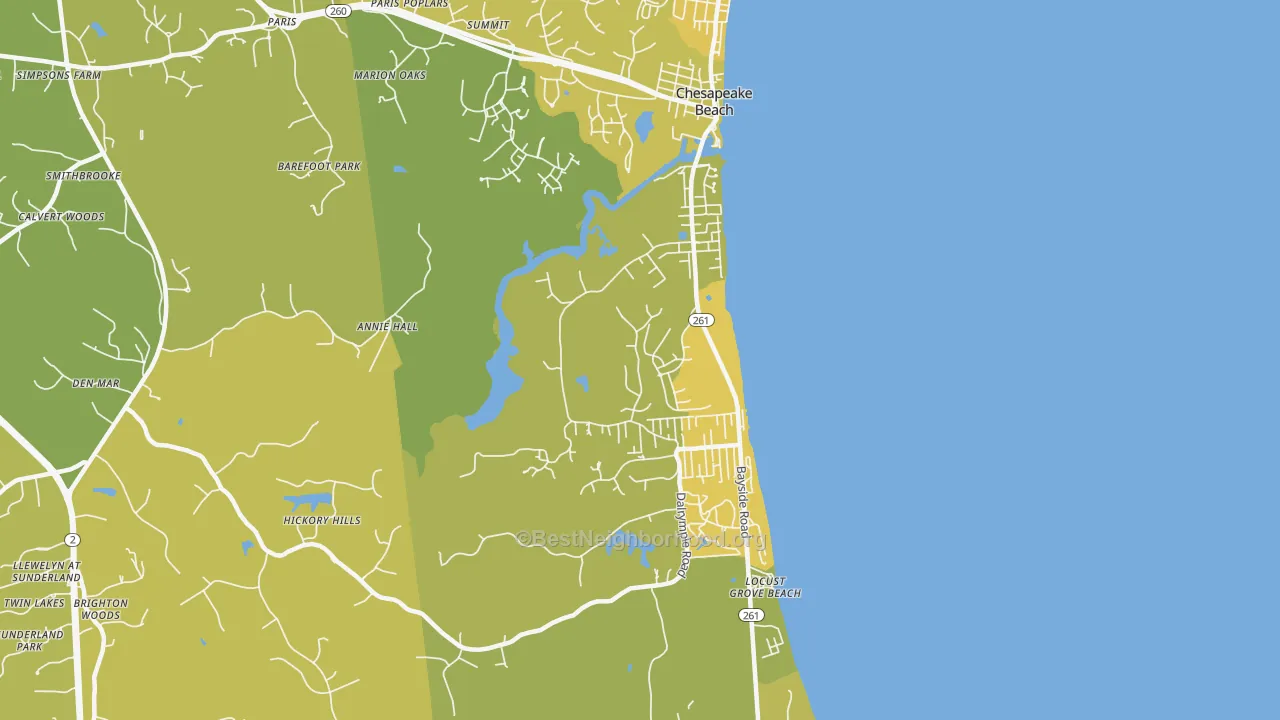 Map of the best neighborhoods in the 20732 area, with better matches in green and worse matches in red