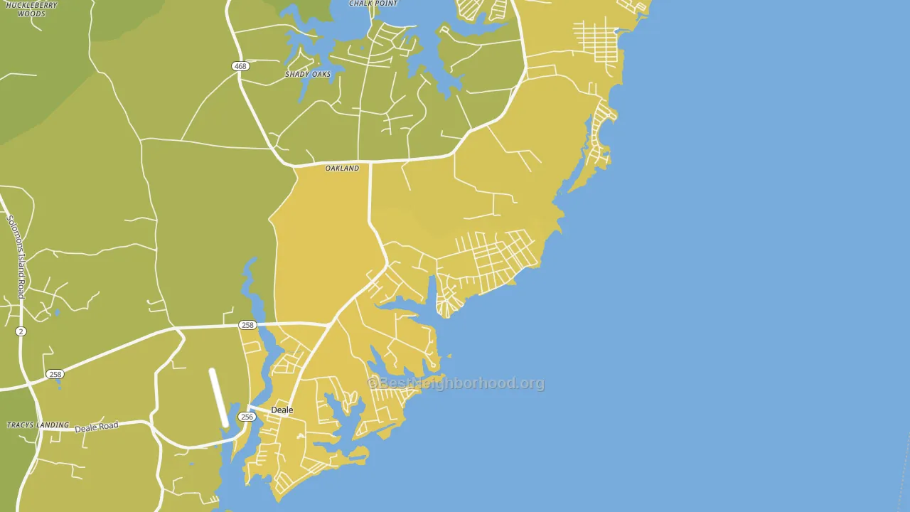 Map of the best neighborhoods in the 20733 area, with better matches in green and worse matches in red