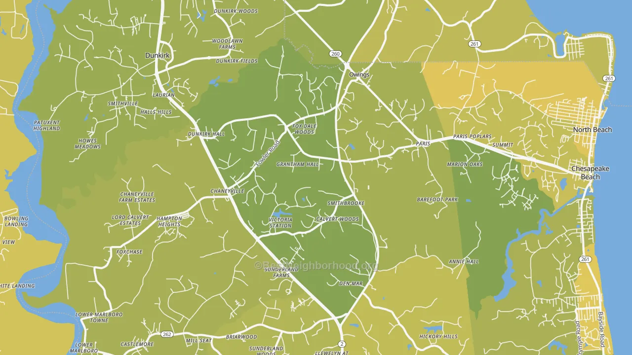 Map of the best neighborhoods in the 20736 area, with better matches in green and worse matches in red