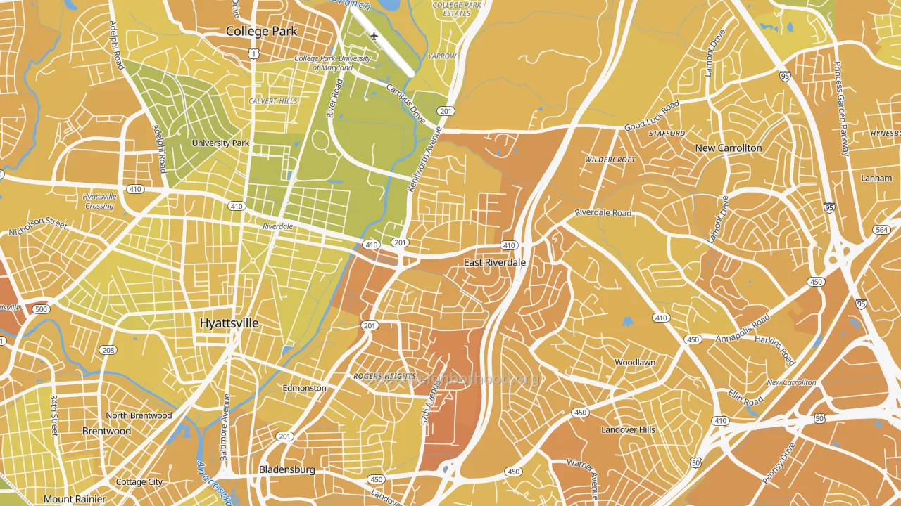 Map of the best neighborhoods in the 20737 area, with better matches in green and worse matches in red