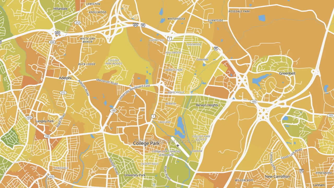 Map of the best neighborhoods in the 20740 area, with better matches in green and worse matches in red