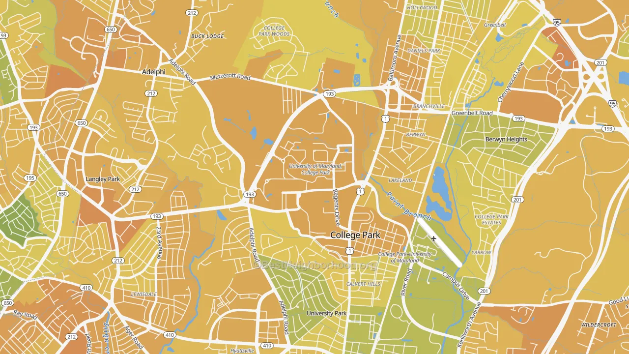 Map of the best neighborhoods in the 20742 area, with better matches in green and worse matches in red