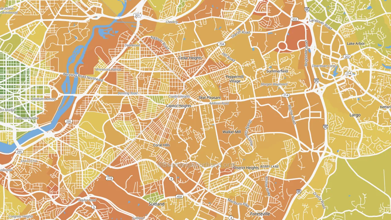 Map of the best neighborhoods in the 20743 area, with better matches in green and worse matches in red