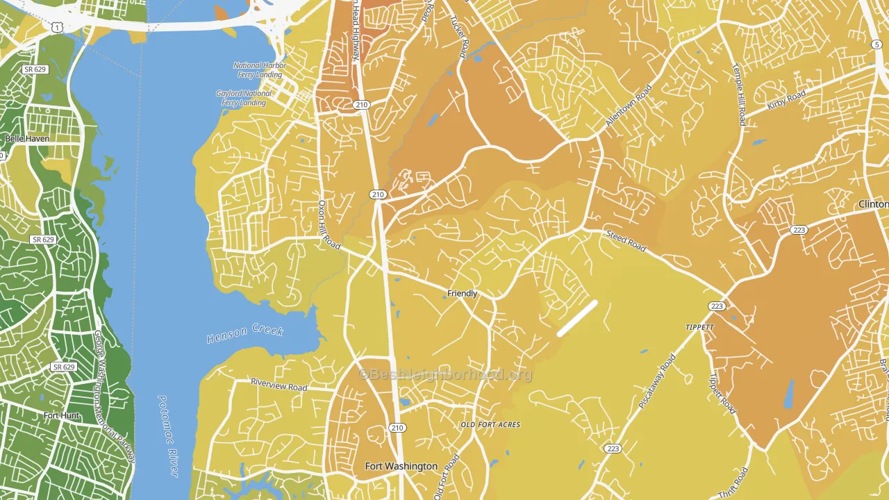 Map of the best neighborhoods in the 20744 area, with better matches in green and worse matches in red