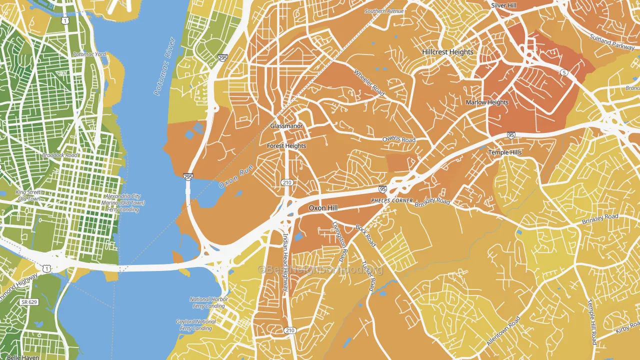 Map of the best neighborhoods in the 20745 area, with better matches in green and worse matches in red