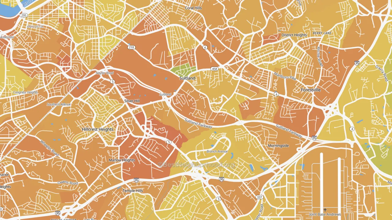 Map of the best neighborhoods in the 20746 area, with better matches in green and worse matches in red
