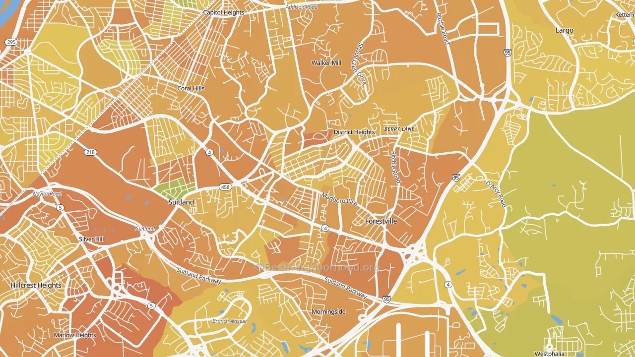 Map of the best neighborhoods in the 20747 area, with better matches in green and worse matches in red