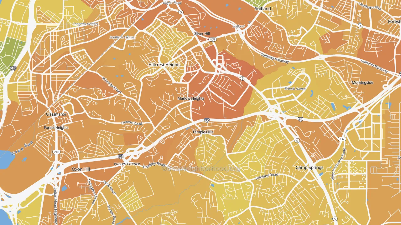 Map of the best neighborhoods in the 20748 area, with better matches in green and worse matches in red
