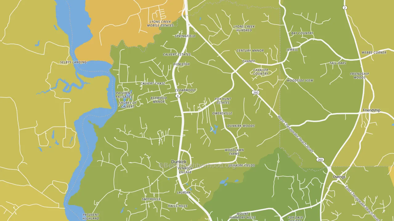 Map of the best neighborhoods in the 20754 area, with better matches in green and worse matches in red