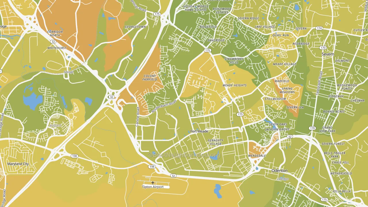 Map of the best neighborhoods in the 20755 area, with better matches in green and worse matches in red