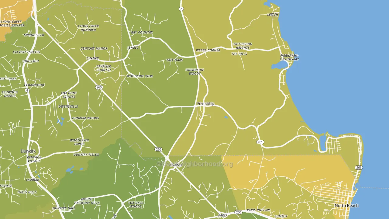 Map of the best neighborhoods in the 20758 area, with better matches in green and worse matches in red