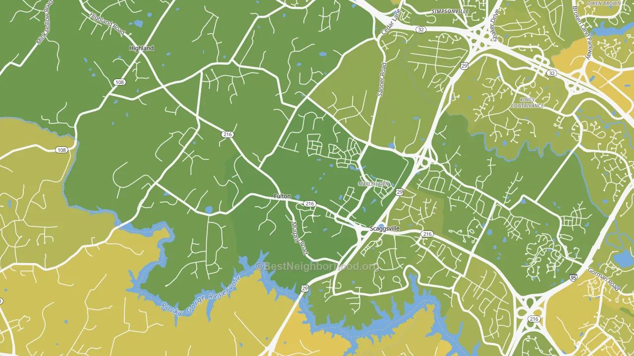 Map of the best neighborhoods in the 20759 area, with better matches in green and worse matches in red