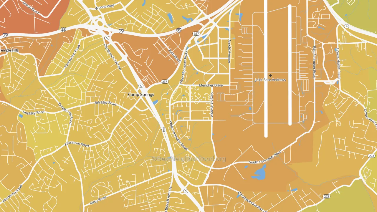 Map of the best neighborhoods in the 20762 area, with better matches in green and worse matches in red