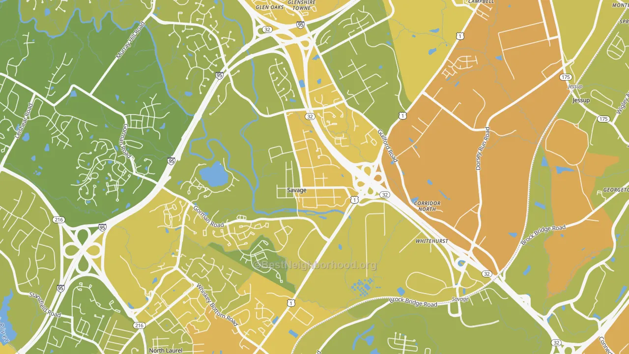 Map of the best neighborhoods in the 20763 area, with better matches in green and worse matches in red