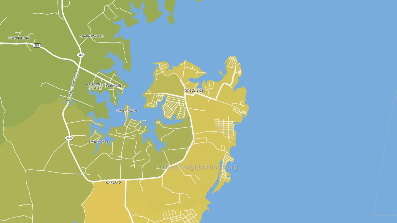 Map of the best neighborhoods in the 20764 area, with better matches in green and worse matches in red