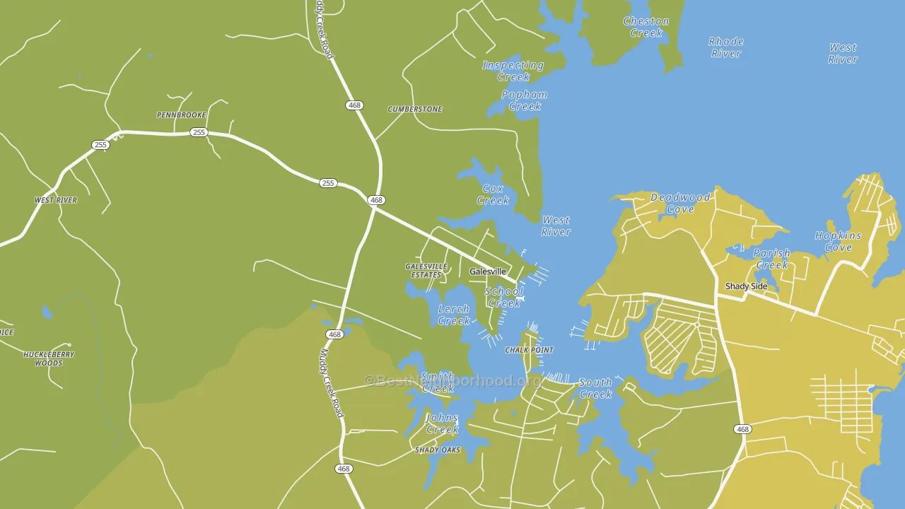 Map of the best neighborhoods in the 20765 area, with better matches in green and worse matches in red