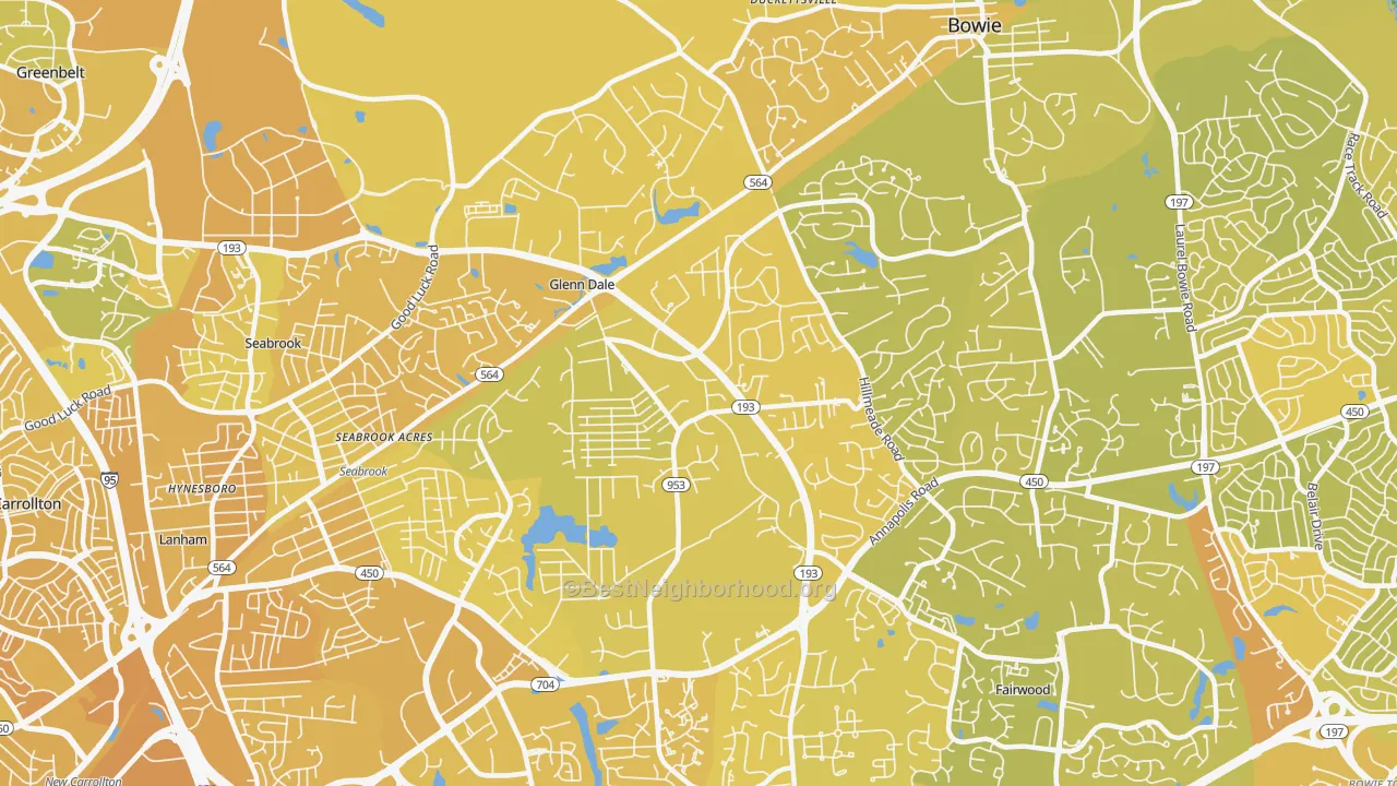 Map of the best neighborhoods in the 20769 area, with better matches in green and worse matches in red