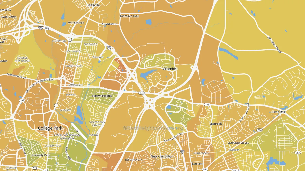 Map of the best neighborhoods in the 20770 area, with better matches in green and worse matches in red