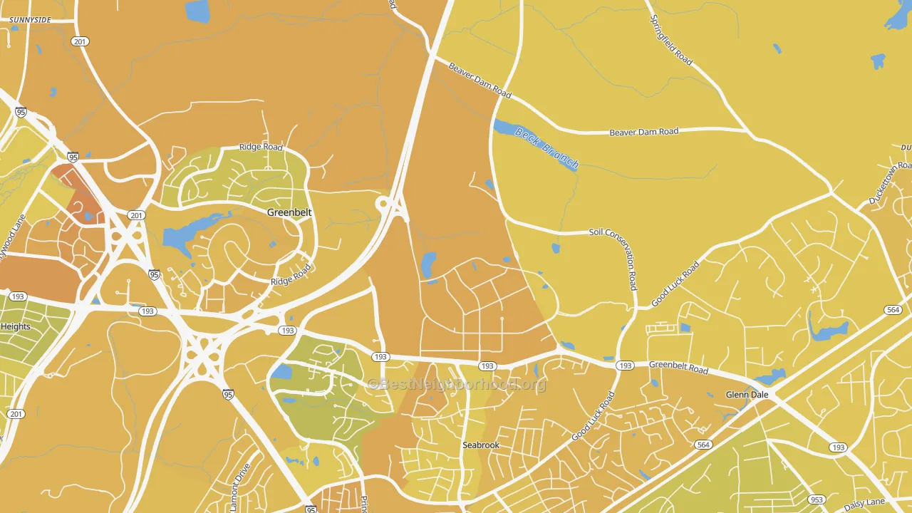 Map of the best neighborhoods in the 20771 area, with better matches in green and worse matches in red