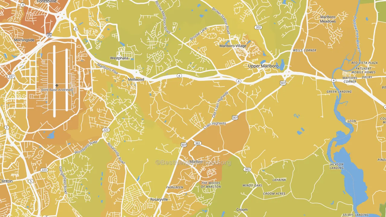Map of the best neighborhoods in the 20772 area, with better matches in green and worse matches in red