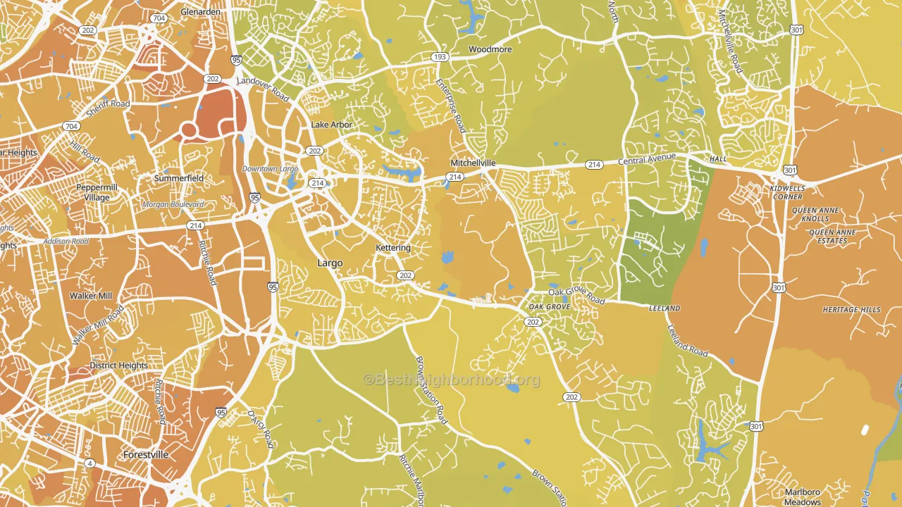 Map of the best neighborhoods in the 20774 area, with better matches in green and worse matches in red
