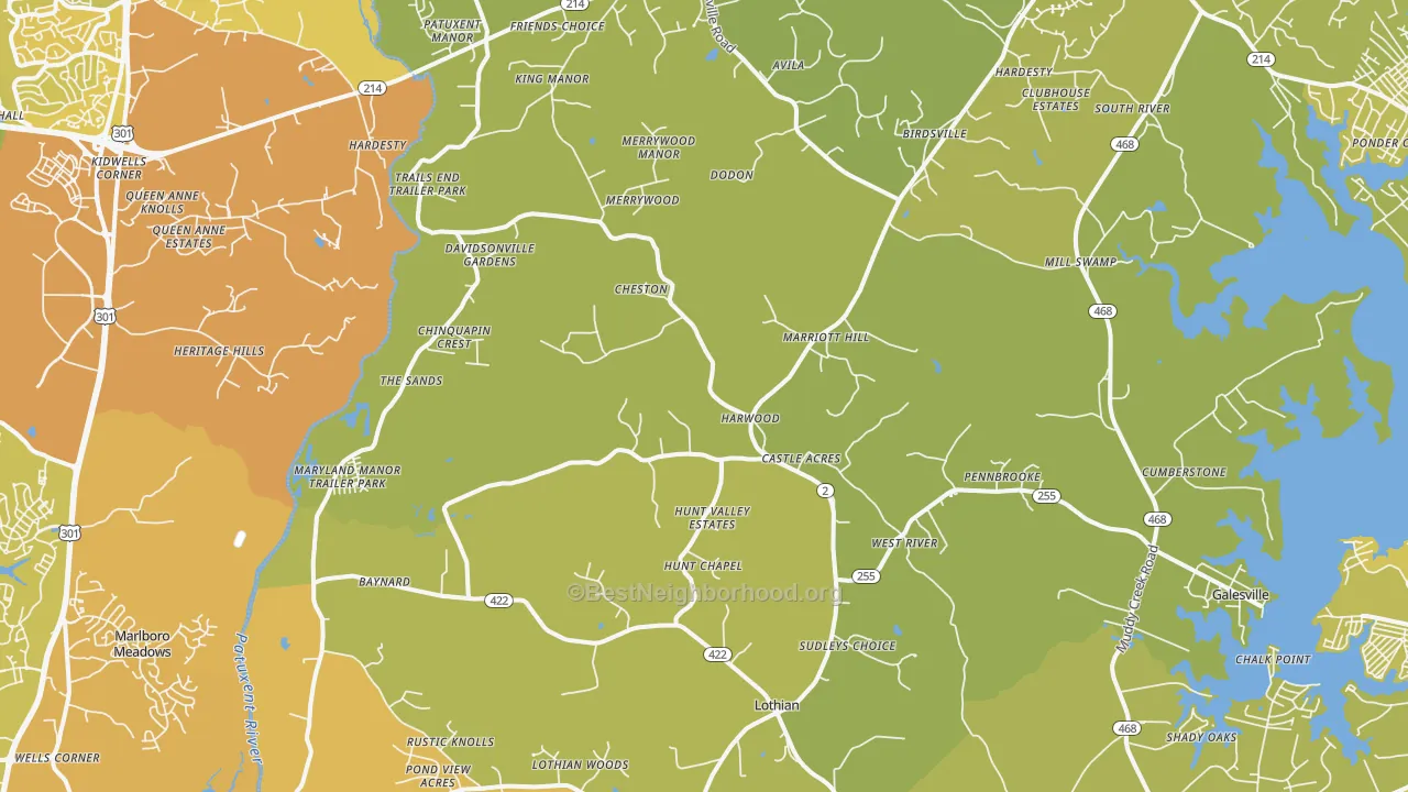 Map of the best neighborhoods in the 20776 area, with better matches in green and worse matches in red