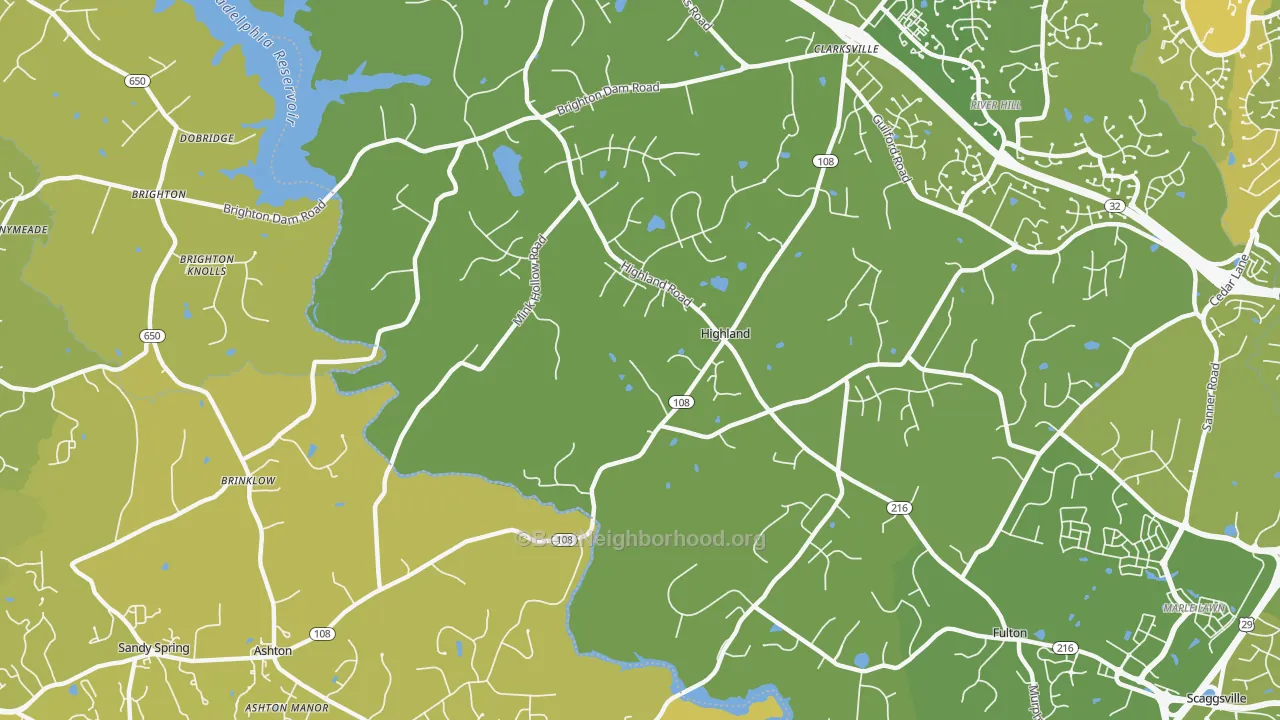 Map of the best neighborhoods in the 20777 area, with better matches in green and worse matches in red