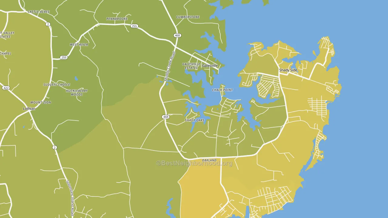 Map of the best neighborhoods in the 20778 area, with better matches in green and worse matches in red