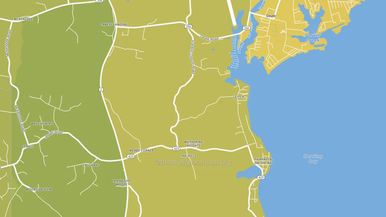 Map of the best neighborhoods in the 20779 area, with better matches in green and worse matches in red