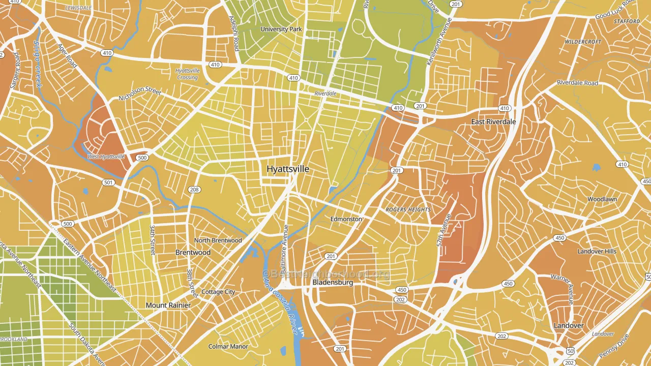 Map of the best neighborhoods in the 20781 area, with better matches in green and worse matches in red