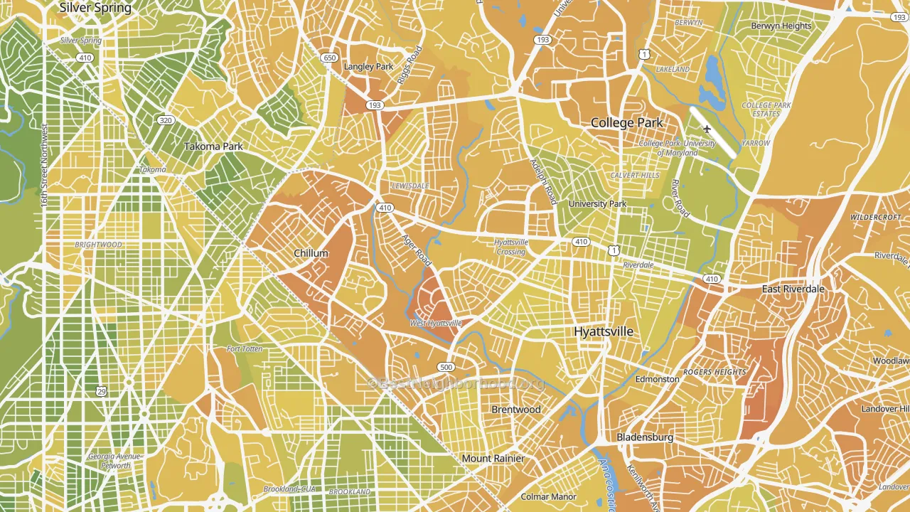 Map of the best neighborhoods in the 20782 area, with better matches in green and worse matches in red