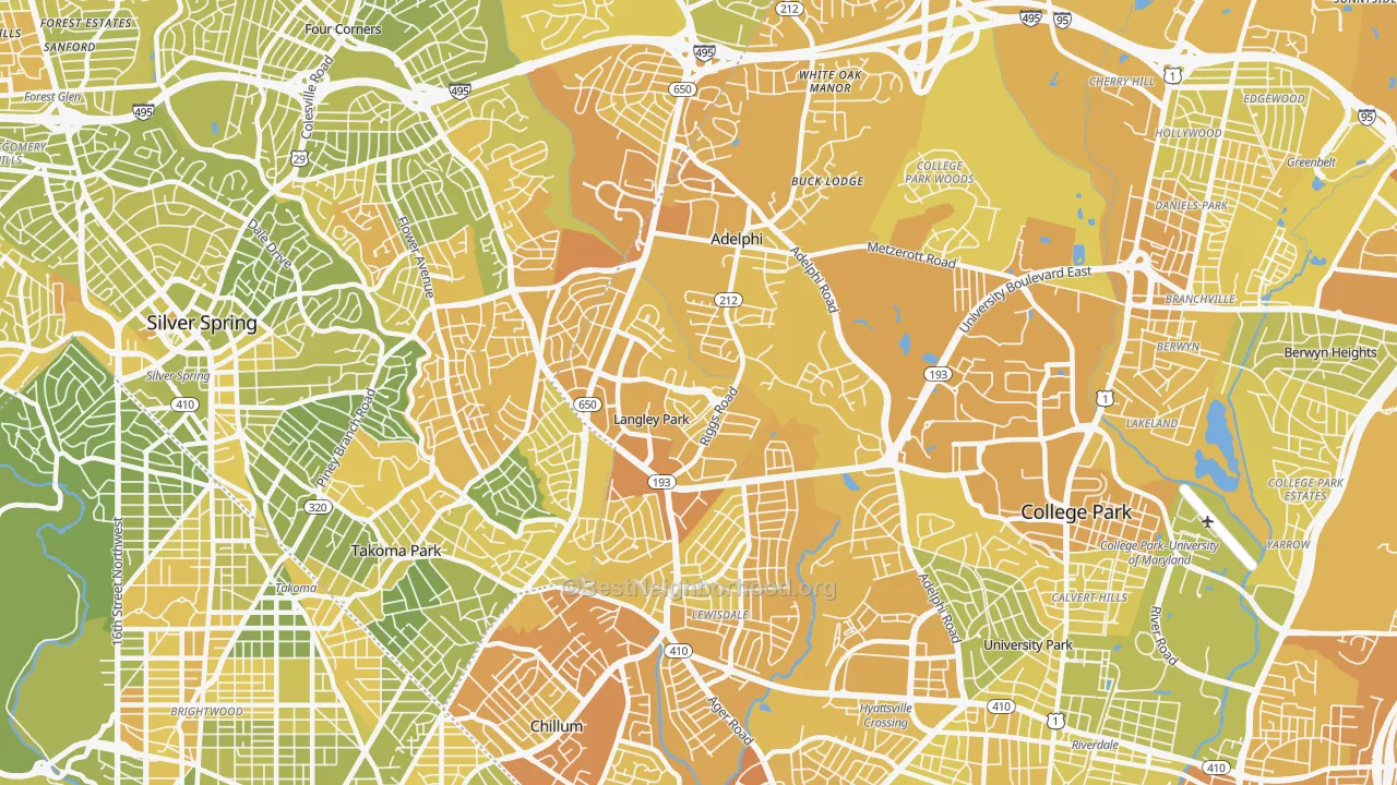 Map of the best neighborhoods in the 20783 area, with better matches in green and worse matches in red