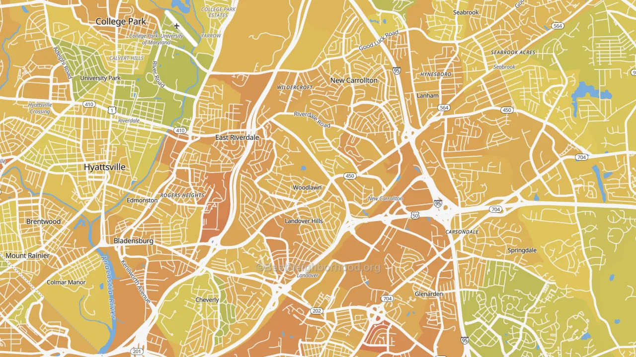 Map of the best neighborhoods in the 20784 area, with better matches in green and worse matches in red