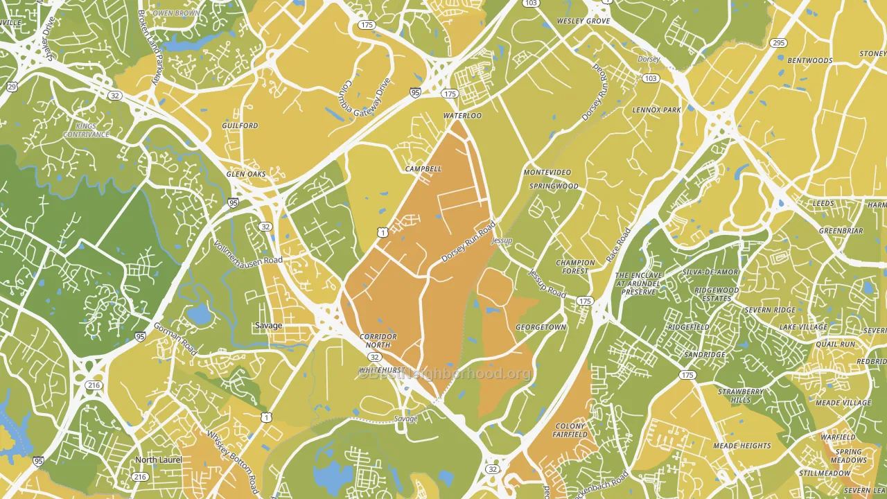 Map of the best neighborhoods in the 20794 area, with better matches in green and worse matches in red