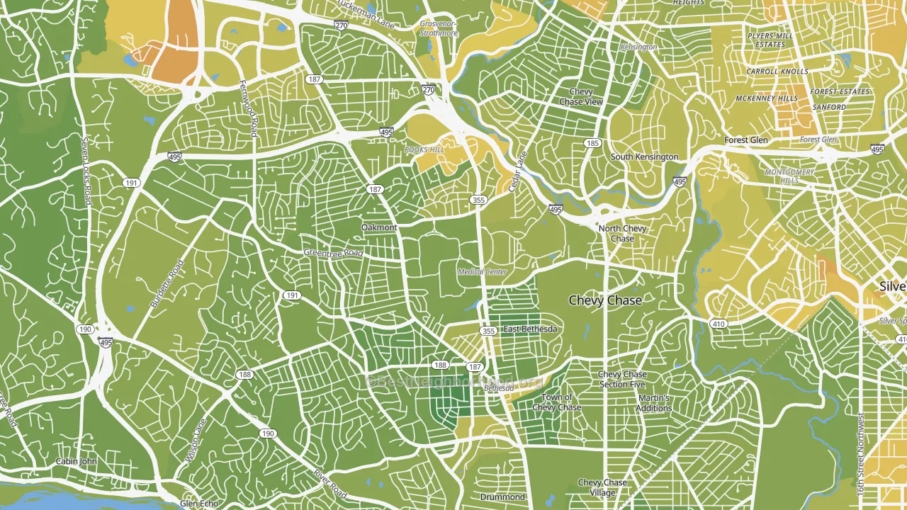 Map of the best neighborhoods in the 20814 area, with better matches in green and worse matches in red