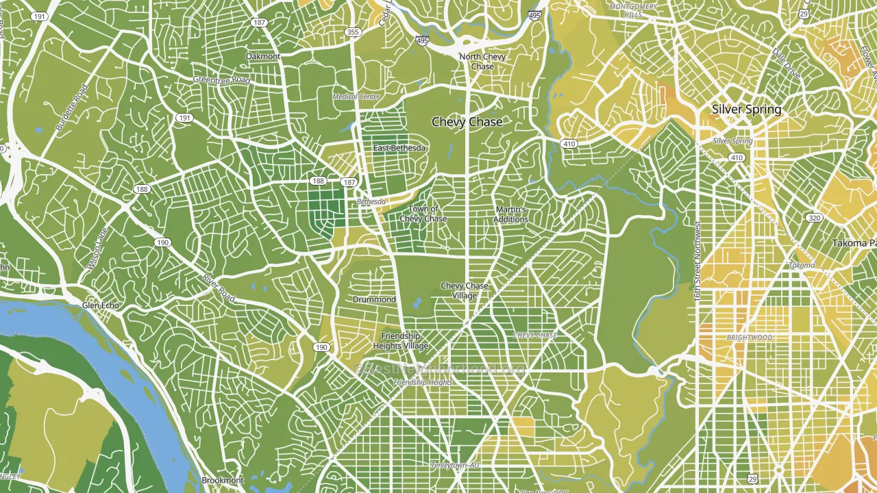 Map of the best neighborhoods in the 20815 area, with better matches in green and worse matches in red