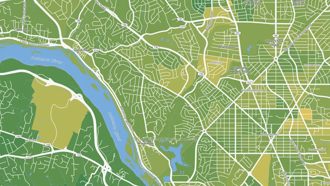 Map of the best neighborhoods in the 20816 area, with better matches in green and worse matches in red