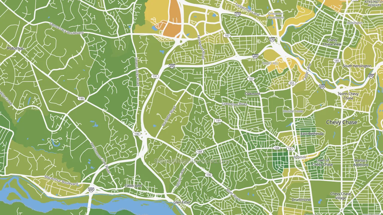 Map of the best neighborhoods in the 20817 area, with better matches in green and worse matches in red