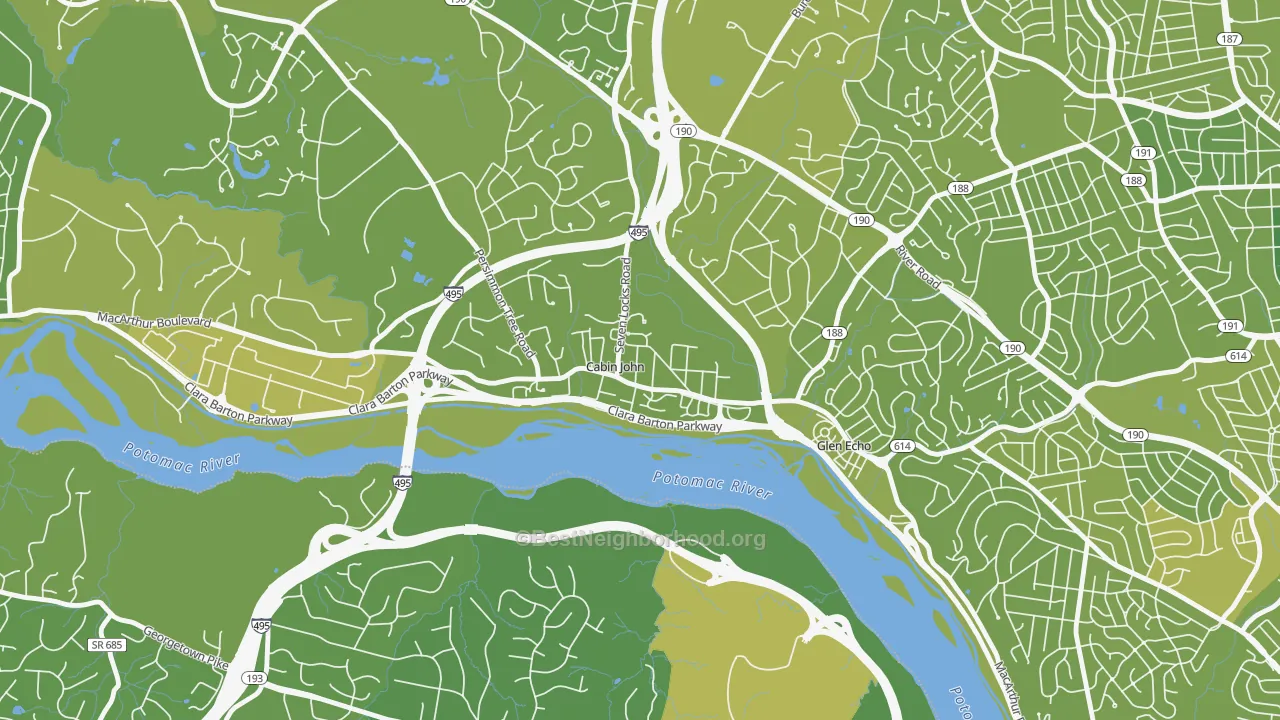 Map of the best neighborhoods in the 20818 area, with better matches in green and worse matches in red