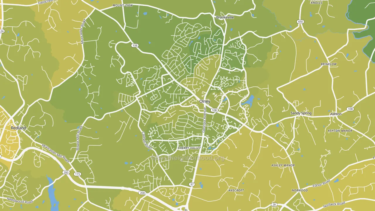 Map of the best neighborhoods in the 20832 area, with better matches in green and worse matches in red