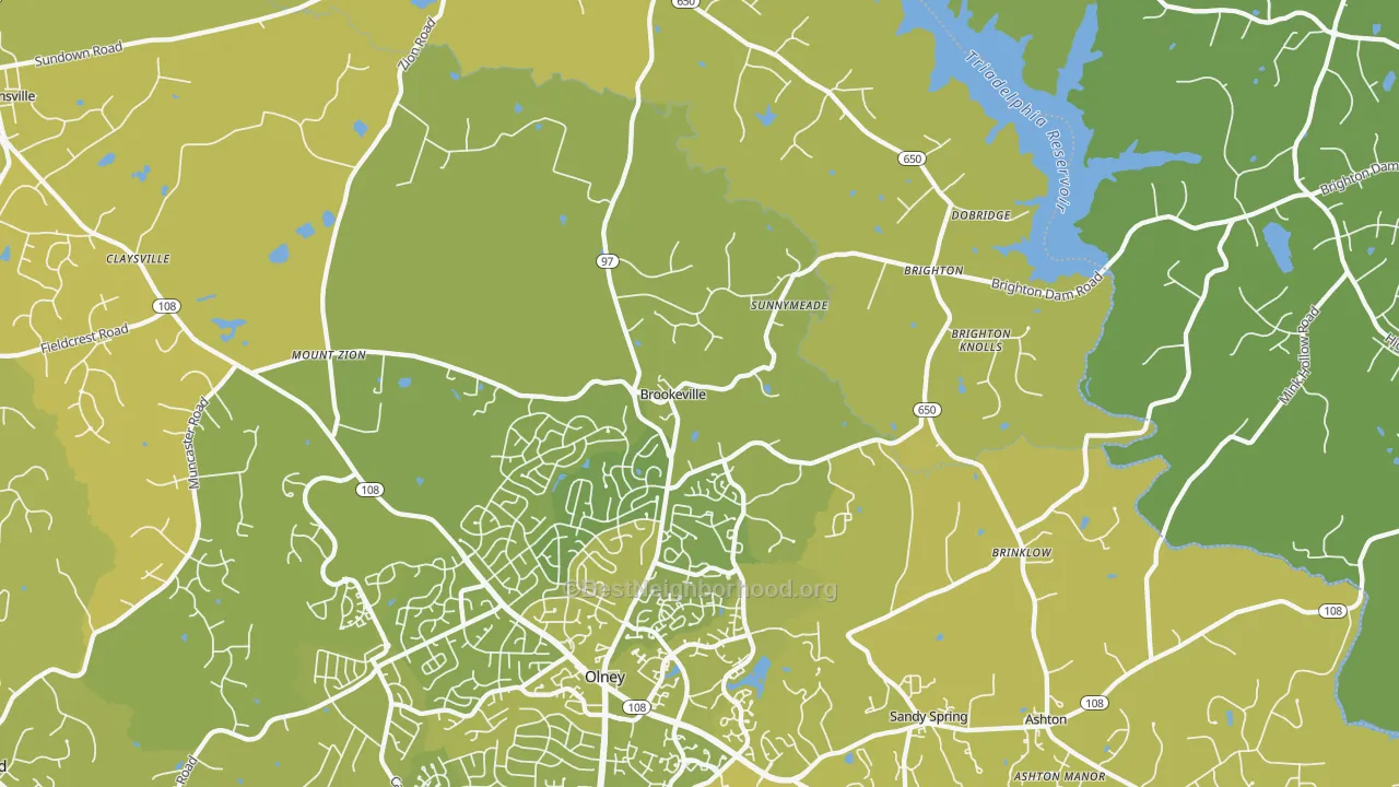 Map of the best neighborhoods in the 20833 area, with better matches in green and worse matches in red