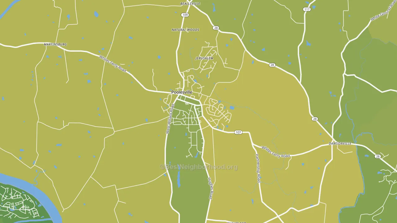 Map of the best neighborhoods in the 20837 area, with better matches in green and worse matches in red
