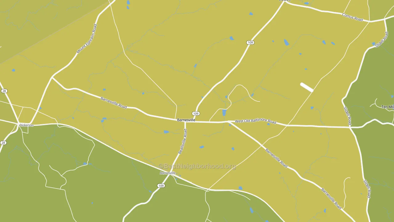 Map of the best neighborhoods in the 20838 area, with better matches in green and worse matches in red