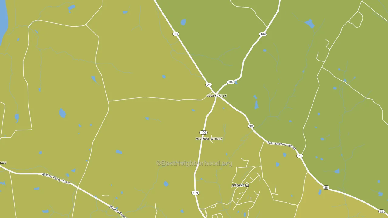 Map of the best neighborhoods in the 20839 area, with better matches in green and worse matches in red