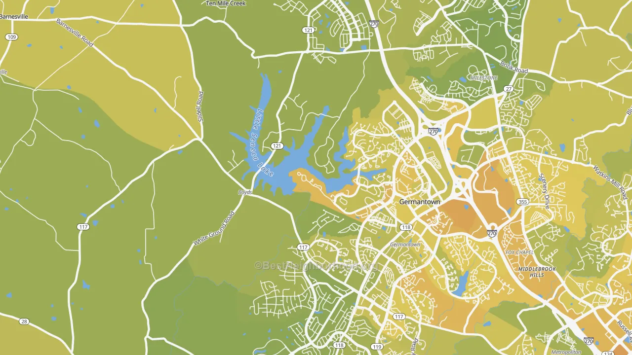 Map of the best neighborhoods in the 20841 area, with better matches in green and worse matches in red