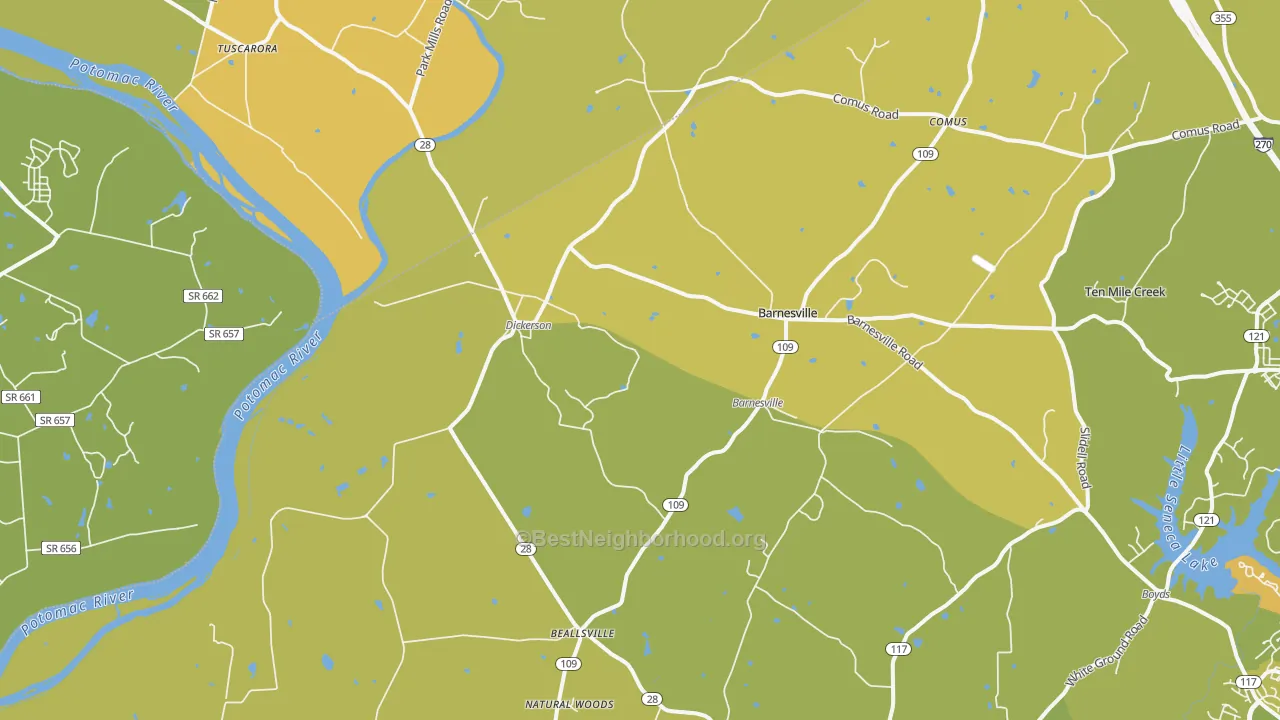 Map of the best neighborhoods in the 20842 area, with better matches in green and worse matches in red
