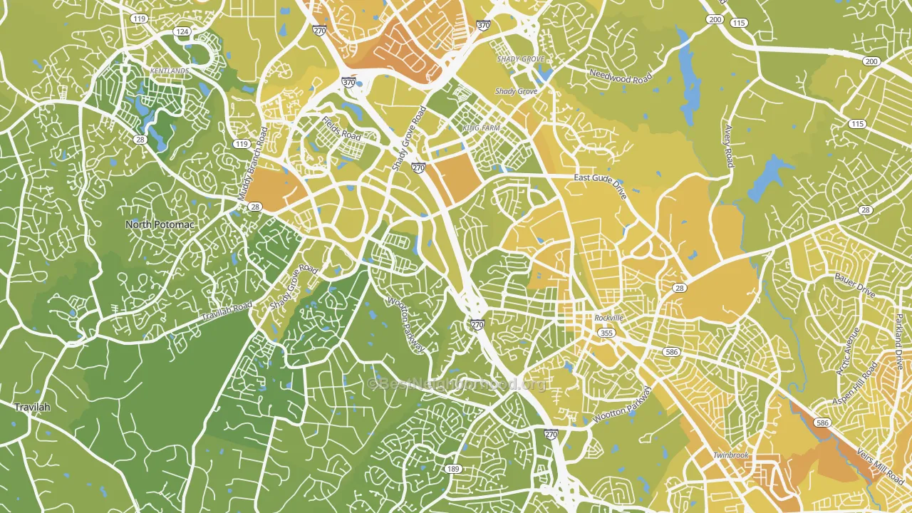 Map of the best neighborhoods in the 20850 area, with better matches in green and worse matches in red