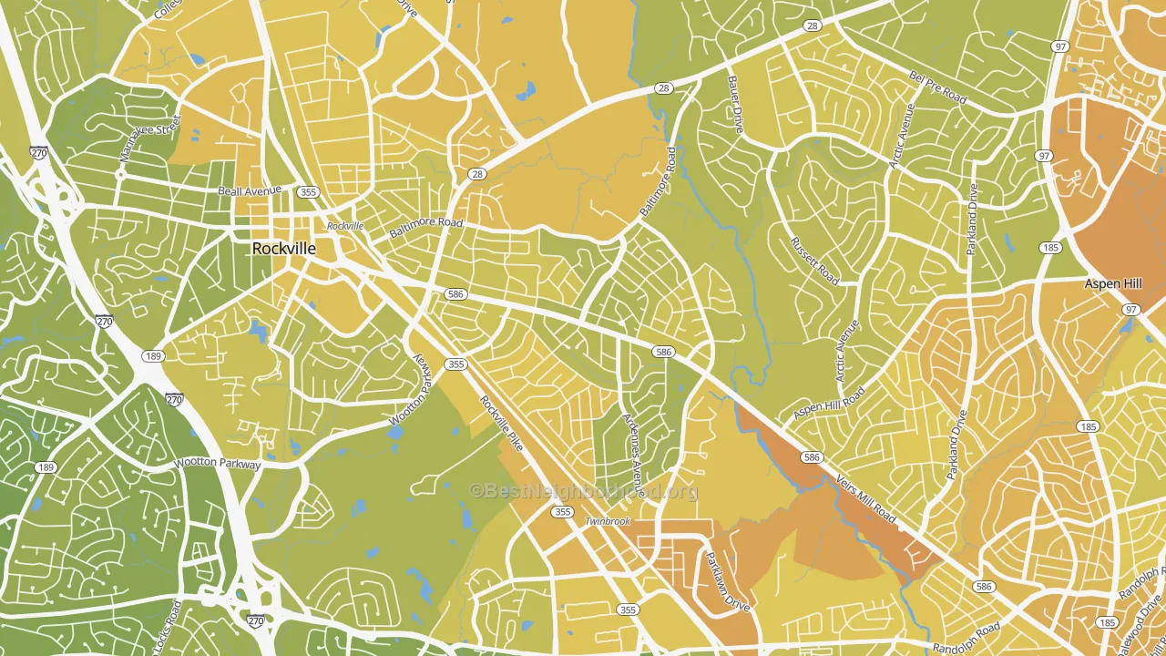 Map of the best neighborhoods in the 20851 area, with better matches in green and worse matches in red