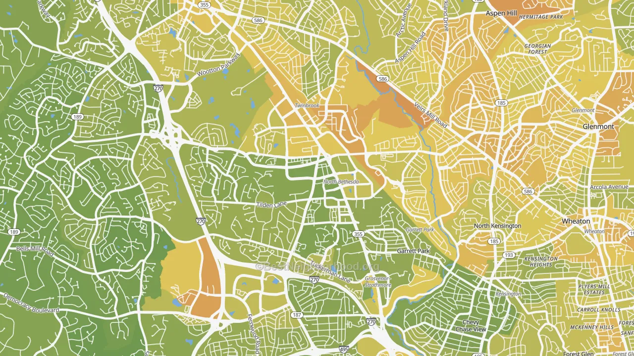 Map of the best neighborhoods in the 20852 area, with better matches in green and worse matches in red